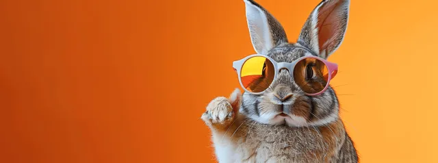 Easter bunny rabbit wearing round sunglasses giving a thumbs-up while isolated on an orange background.