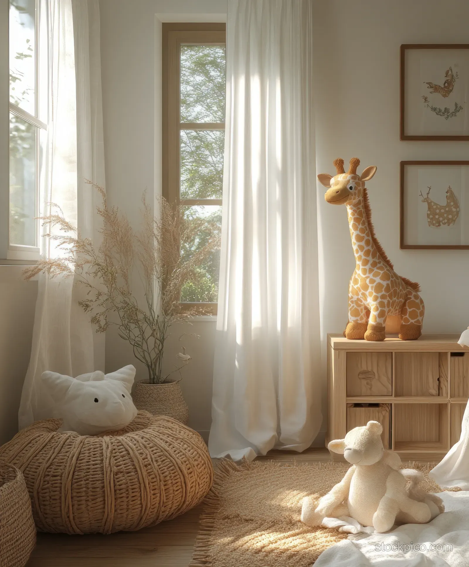 Cozy Scandinavian kids room interior with plush animals, wooden storage cabinet, and daylight through sheer curtains.
