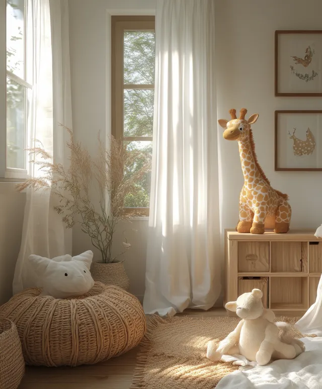 Cozy Scandinavian kids room interior with plush animals, wooden storage cabinet, and daylight through sheer curtains.