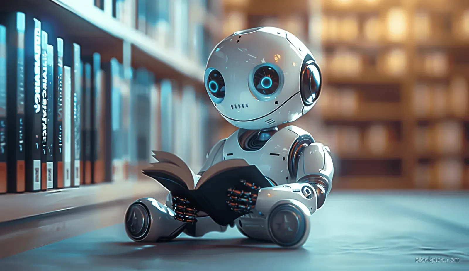 Humanoid robot reading an open book in a library aisle with glowing eyes and blurred shelves.
