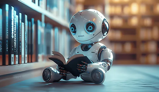 Robot reading a book in a library aisle, glowing eyes and blue circuit details