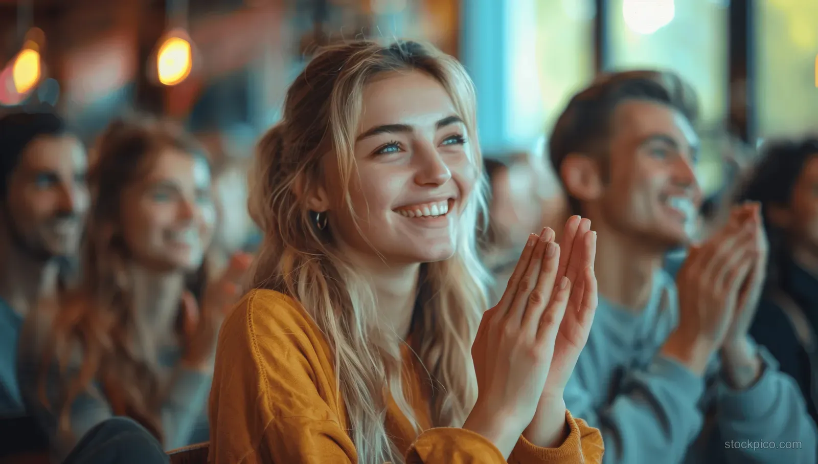 Young woman smiling while clapping, with coworkers applauding behind her during a workshop presentation.