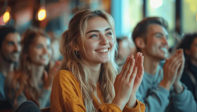 Young woman clapping and smiling during team workshop presentation in bright cafe