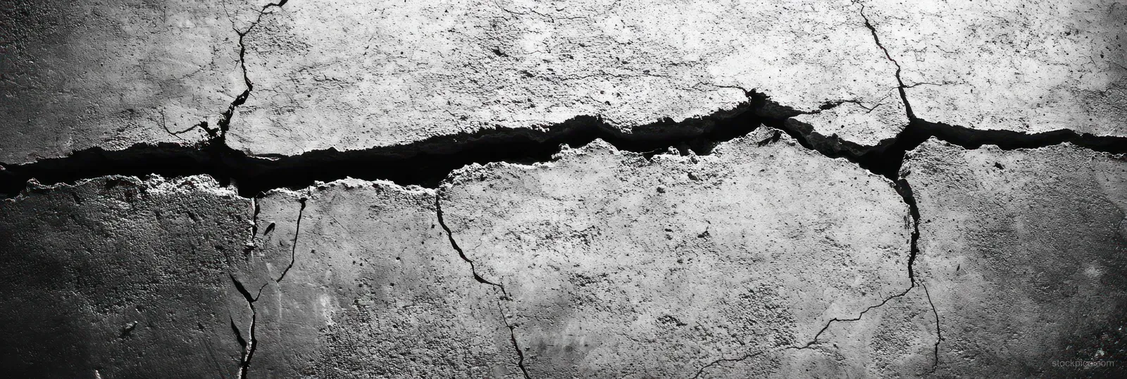 Monochrome close-up of a cracked concrete wall with branching fractures and rough weathered texture.
