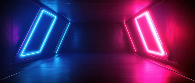 A futuristic empty room illuminated by blue and pink neon lights with geometric panels and a vivid atmospheric glow.