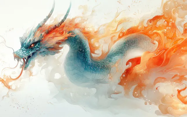 A river monster with an alligator head and long neck emerges from misty water with orange flames.