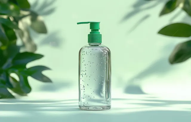 Transparent liquid soap bottle with a green pump on a light countertop with small droplets and blurred leaves.