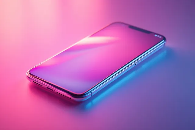 A smartphone mockup with a blank screen on a dark gradient background with neon pink and blue reflections.