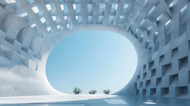 Minimal white cube interior with perforated walls and a circular opening showing blue sky above distant trees.