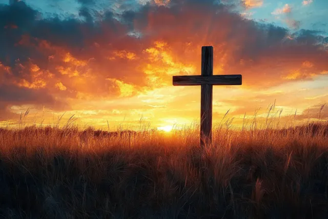 Wooden cross standing alone in tall grass at vivid orange blue sunset with dramatic clouds