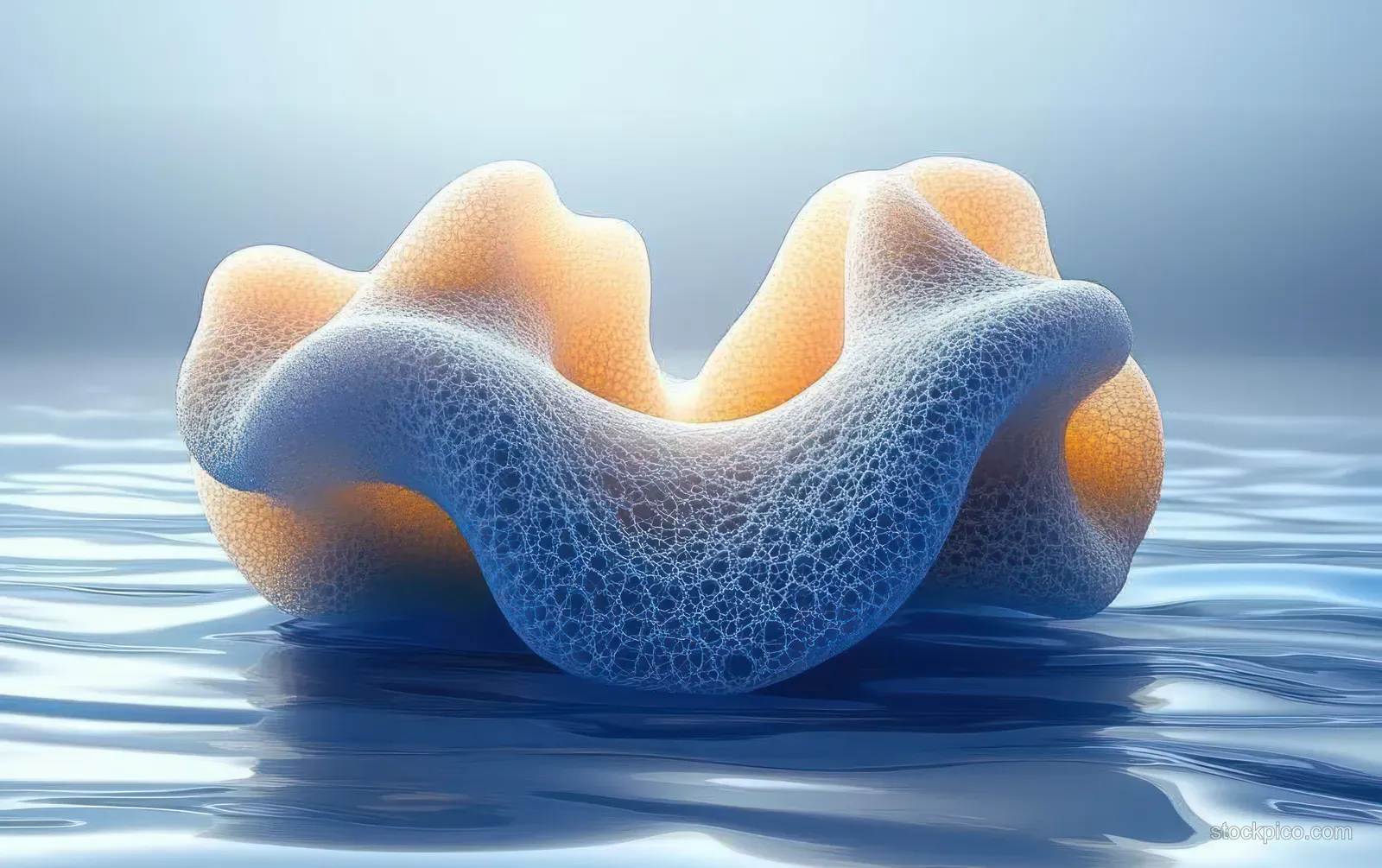 A curved porous biomorphic sculpture floats on reflective water under soft blue and amber lighting.