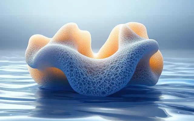 A curved porous biomorphic sculpture floats on reflective water under soft blue and amber lighting.