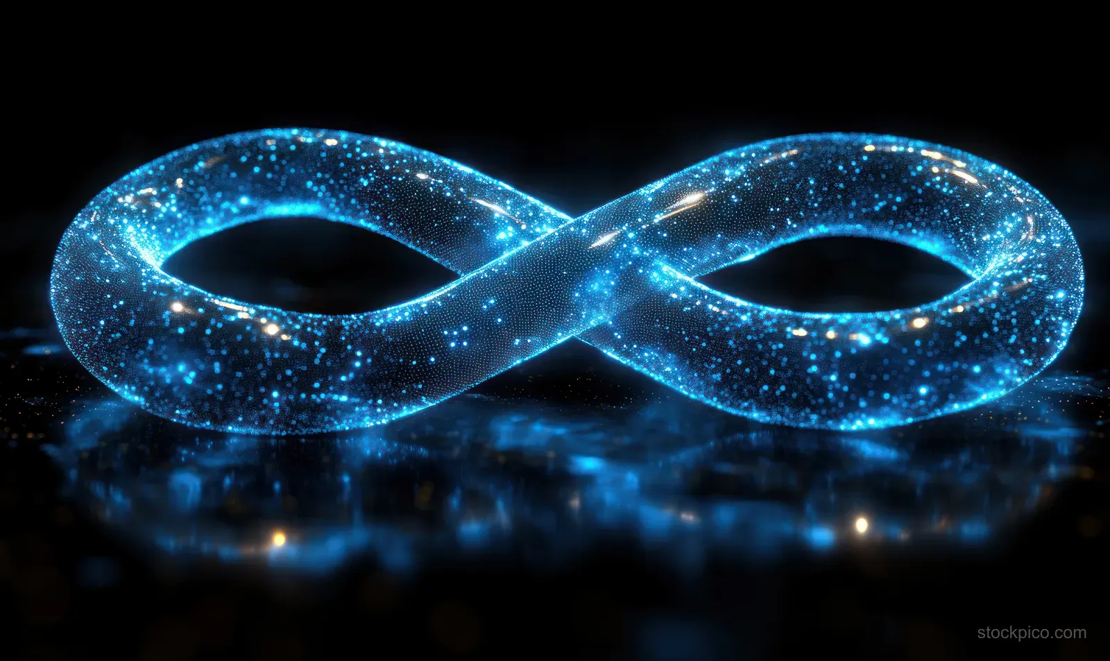 A glowing infinity symbol formed by connected blue particles on a dark technology background with light specks.