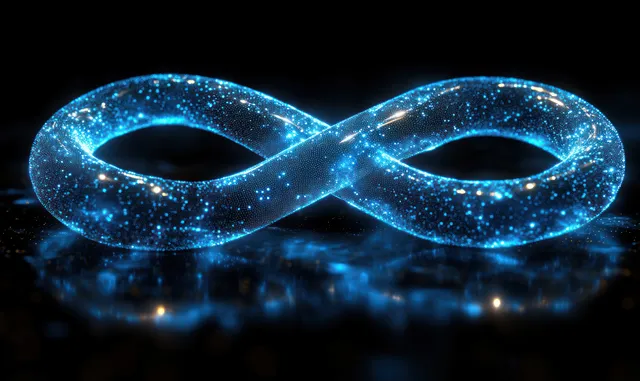 Glowing blue infinity symbol made of connected particle streams in dark tech background