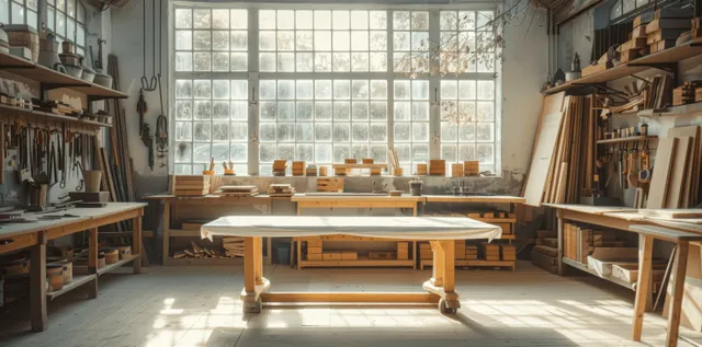 Sunlit woodworking workshop with a workbench, unfinished wooden furniture, carpenter tools, and large window light.