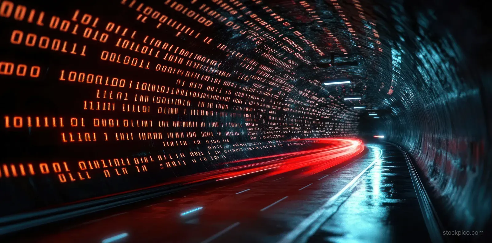 Futuristic tunnel with flowing red and blue light trails and glowing binary code covering the walls.