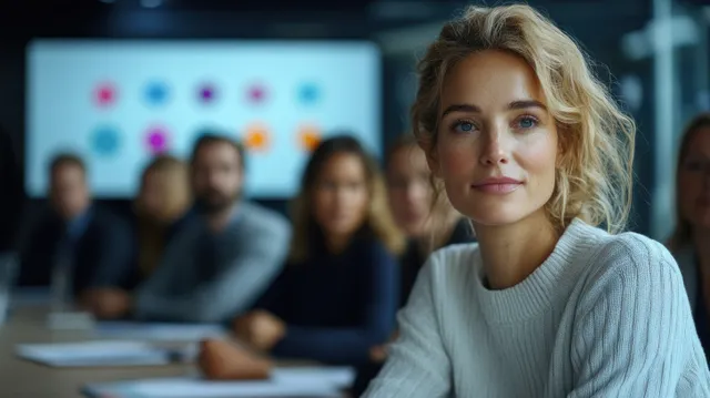 A woman listens in an office meeting while a large screen shows colorful analytics charts behind her.