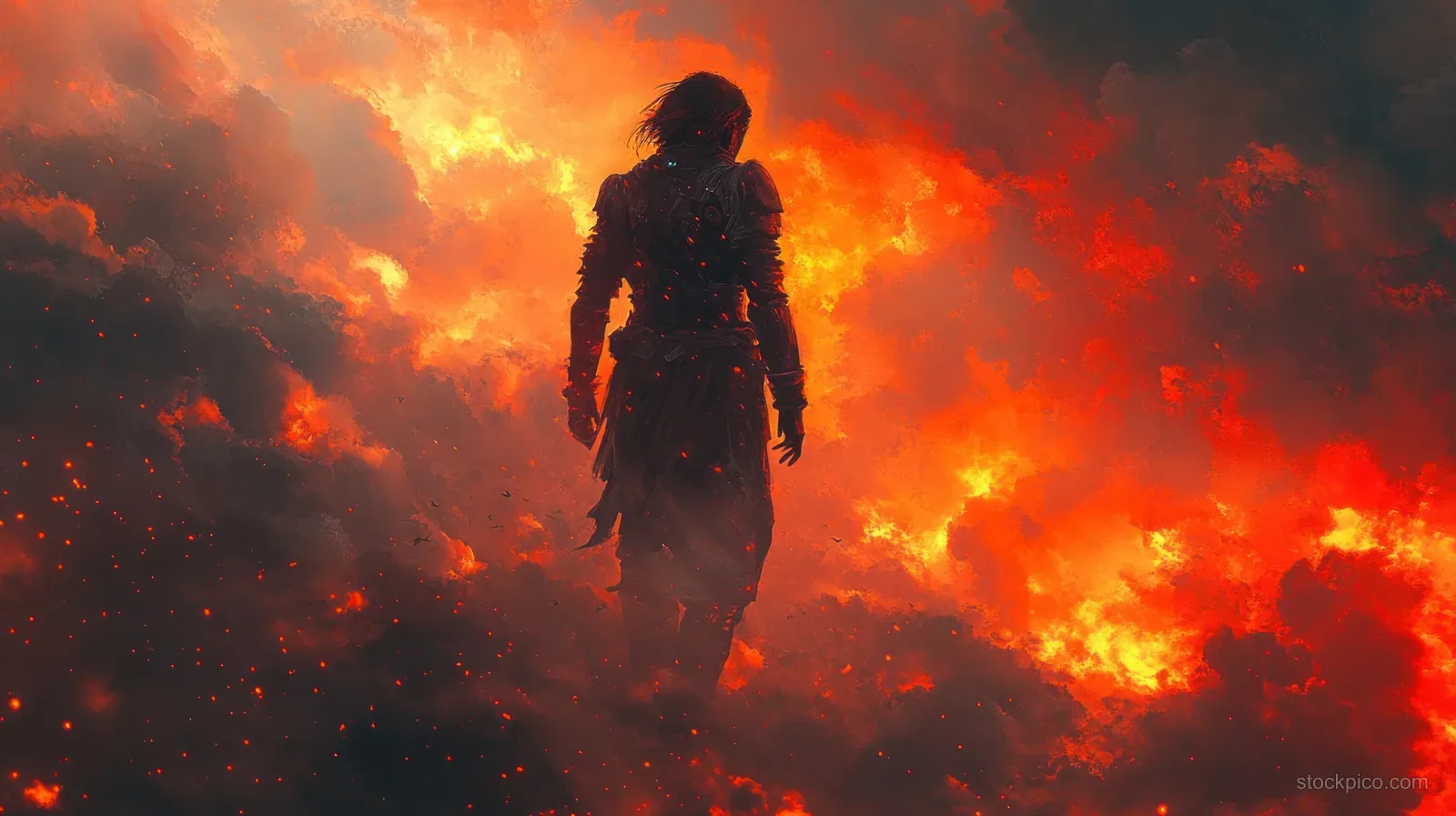 Silhouette of a warrior walking forward through a ruined city filled with orange fire and drifting dust.