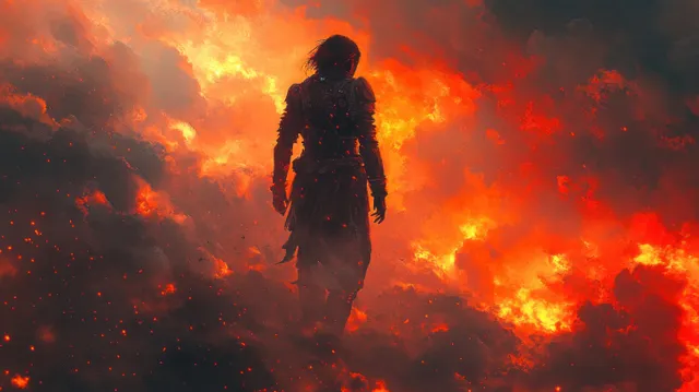 Silhouette of a warrior walking forward through a ruined city filled with orange fire and drifting dust.
