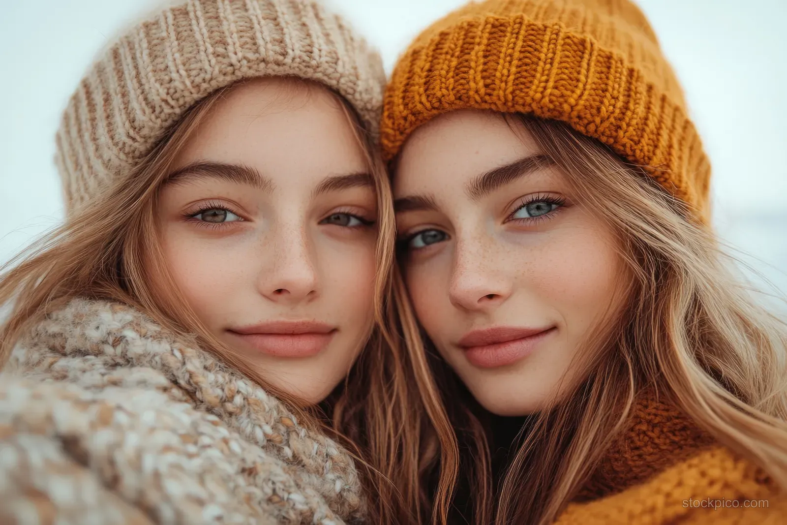 Two friends outdoors in warm winter sweaters share street-food noodles while smiling at a handheld selfie moment.