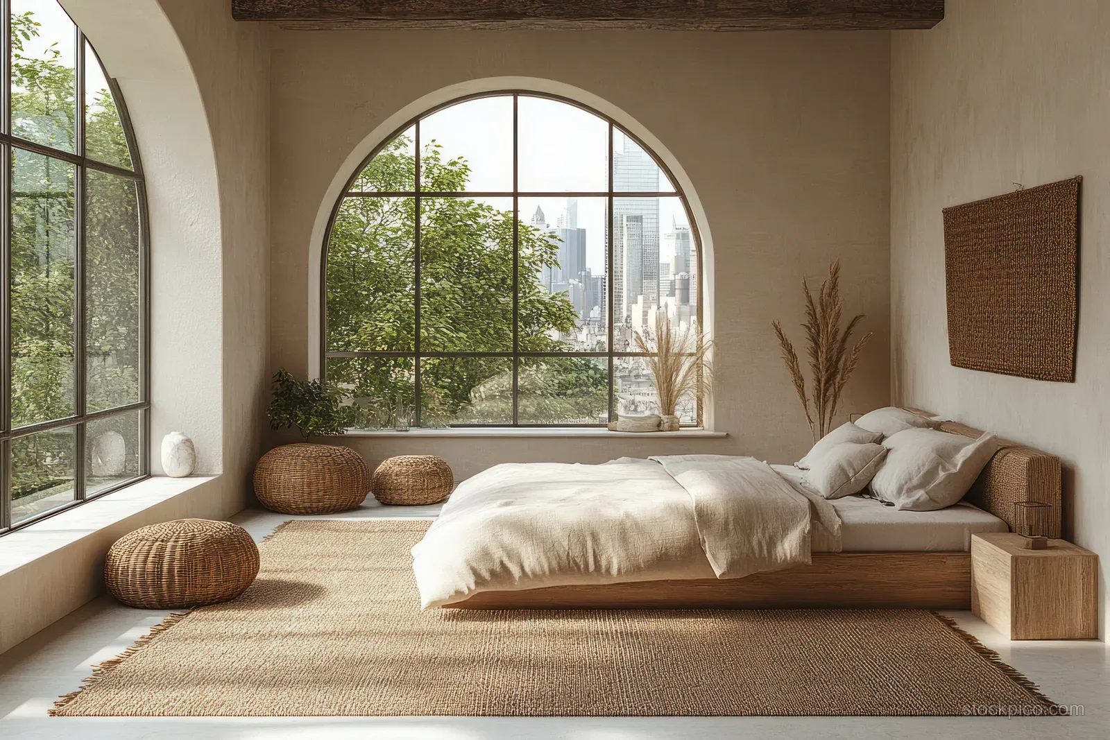 Minimalist bedroom with arched windows, low bed, neutral bedding, and a small desk facing a city skyline view.
