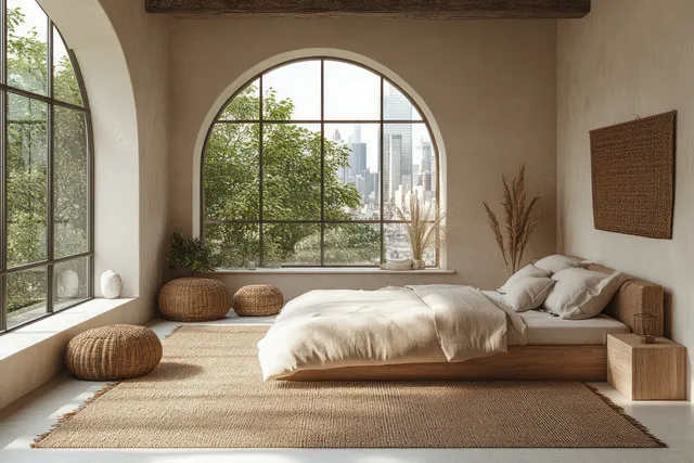 Minimalist bedroom with arched windows, low bed, neutral bedding, and a small desk facing a city skyline view.