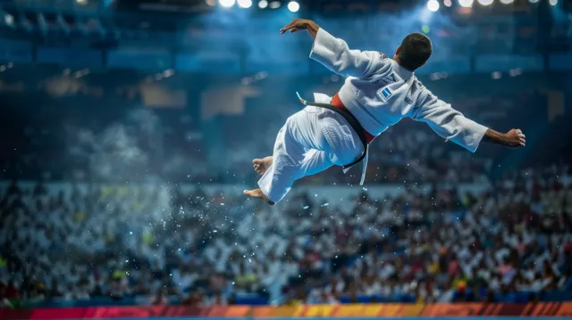 Elite 66 kg French judo athlete performs a dynamic throw on the tatami, showcasing intense motion and stadium energy.