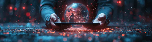 Businessman holds a tablet displaying a glowing holographic globe network map