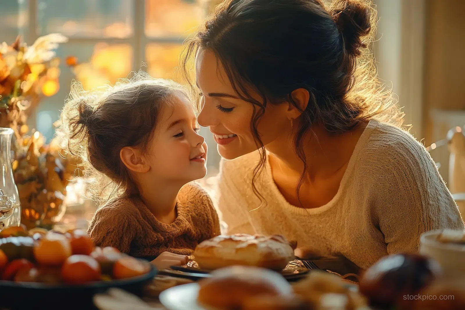 A mother kisses her daughter while both sit at a Thanksgiving table with warm autumn light and food dishes.