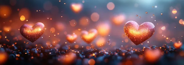 Glittering floating hearts hover over a warm bokeh background with colorful blurred light orbs.