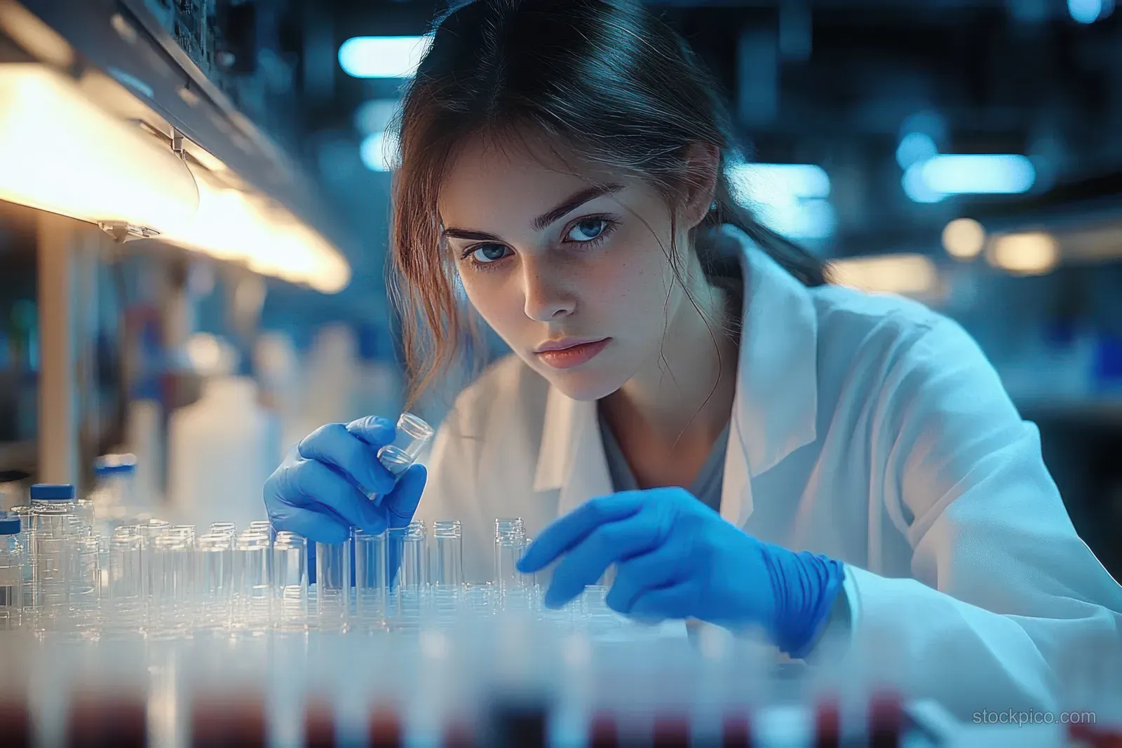 A female scientist in a lab coat and blue gloves arranges test tubes on a laboratory bench.