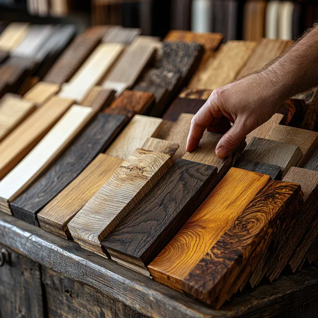Hand selecting wood finish swatches on a display tray with laminate textures and grains