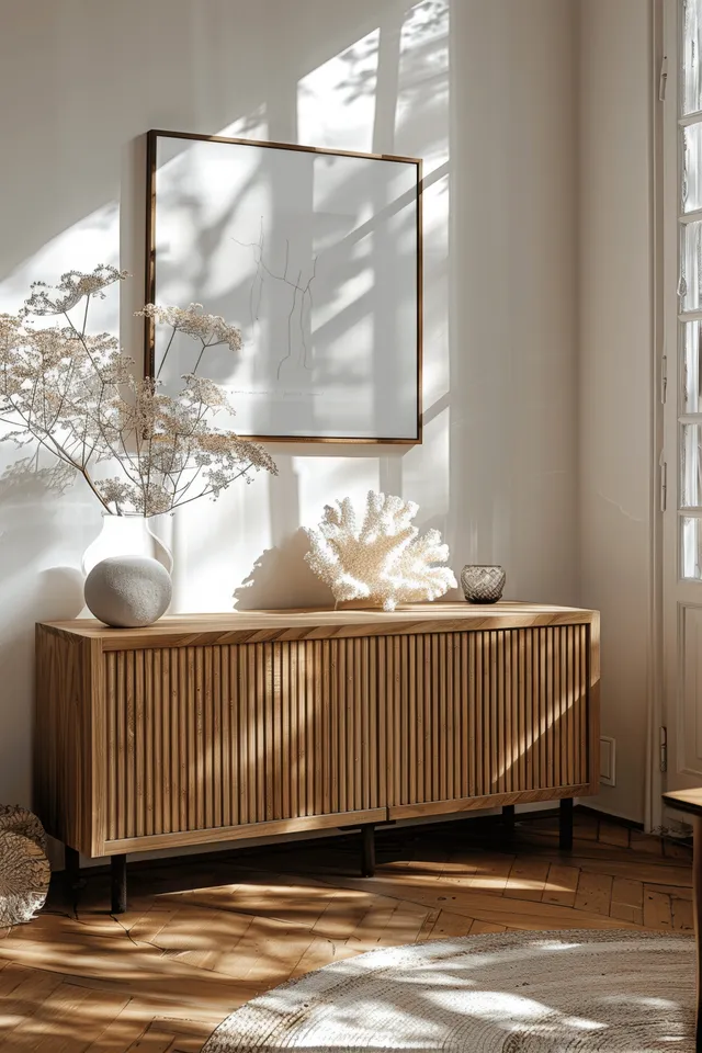 Minimalist dining interior with wooden slat sideboard, coral decor, sunlit window shadows