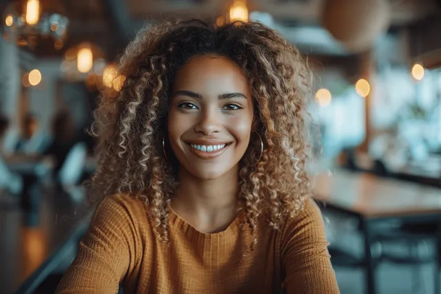 Smiling woman coworker with curly hair working on a laptop in a softly lit open café office