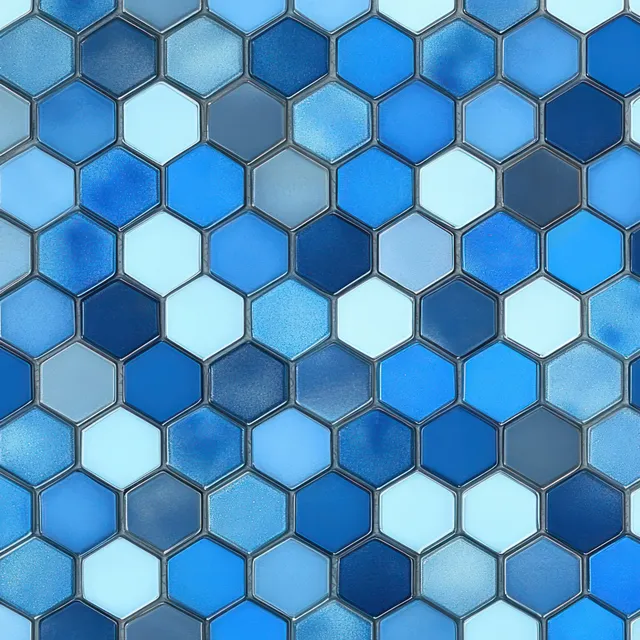 Interlocking hexagonal blue tiles arranged in a geometric mosaic with varying shades and visible grout lines.