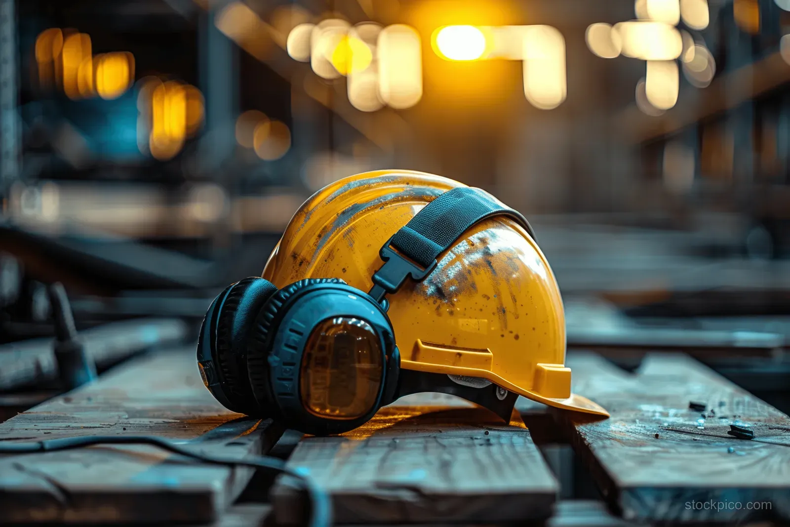 Yellow construction hard hat rests on a wooden table with steel tools in a factory at sunset.