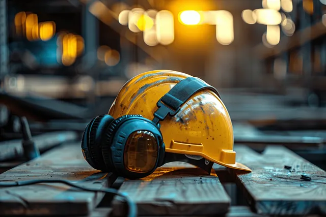 Yellow construction hard hat resting on wooden table beside steel tools at sunset