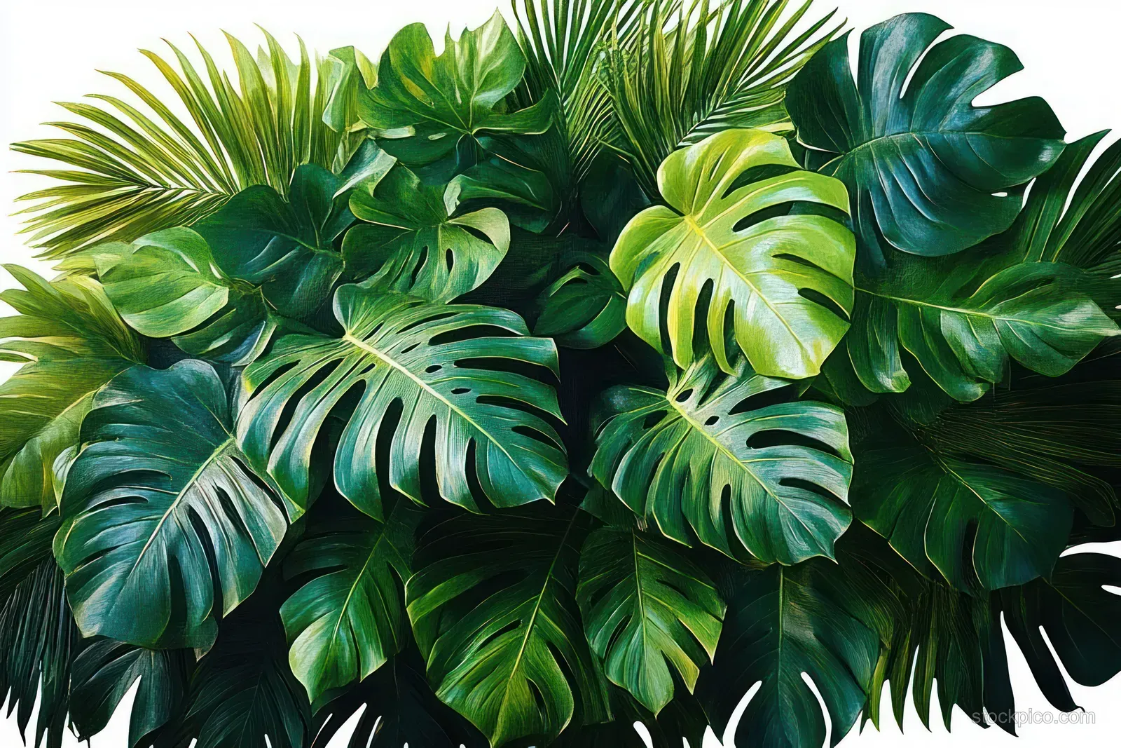 Overlapping monstera and palm leaves form a dense tropical green foliage wall with visible leaf veins and cutouts.
