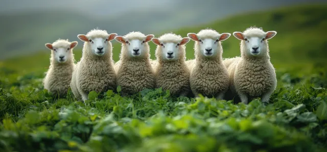 A flock of sheep and lambs graze in a vibrant green spring meadow with blurred hills in the background.