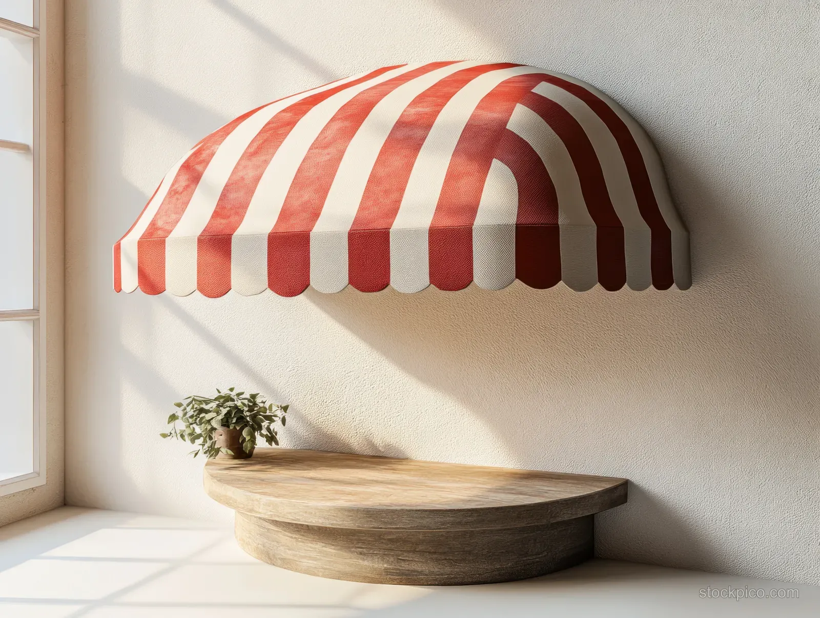 Red and white striped awning mounted above a wooden round shelf with a small potted plant in sunlight.