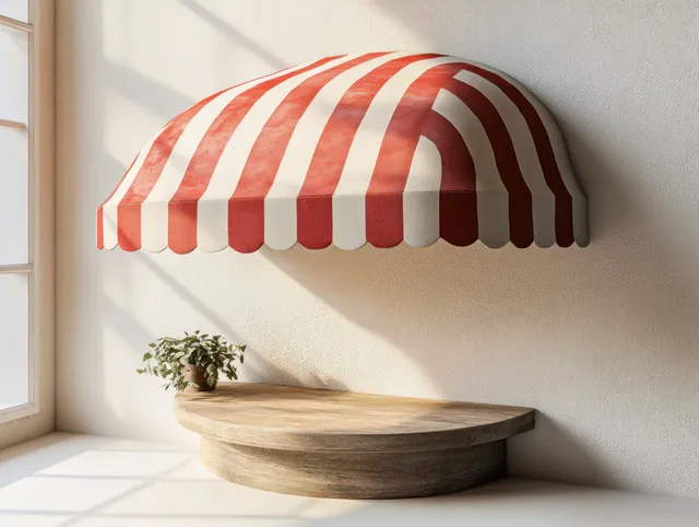 Red and white striped awning over a wooden round shelf in a sunlit room