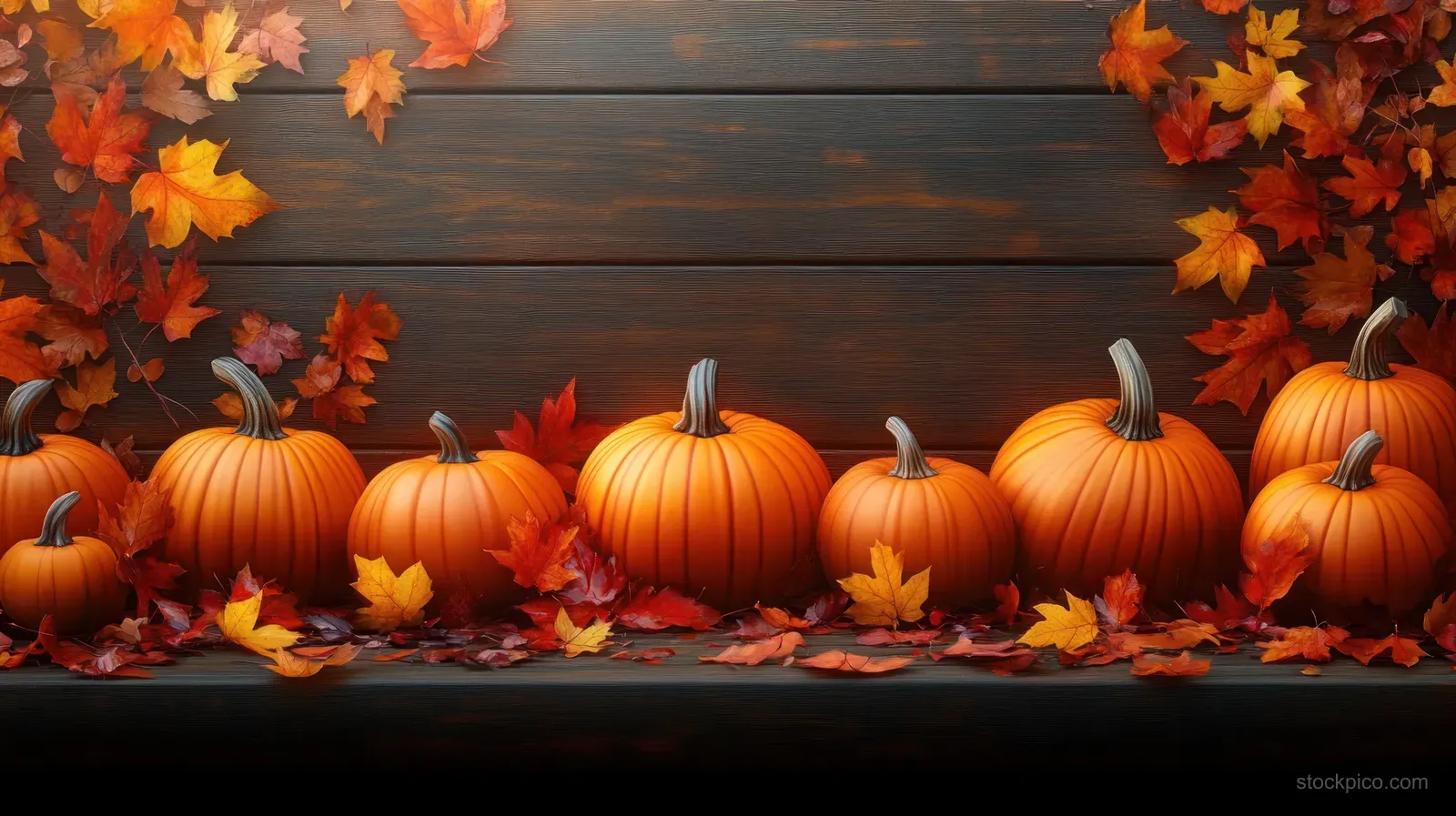 Orange pumpkins line dark wooden boards while colorful autumn leaves scatter around them.