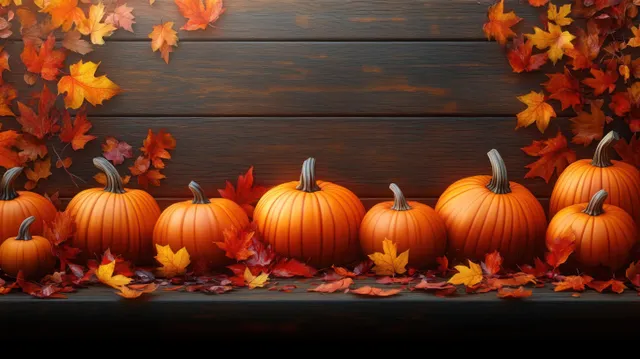 Orange pumpkins line dark wooden boards while colorful autumn leaves scatter around them.
