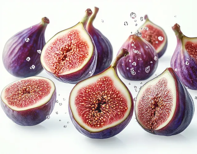 Close-up ripe purple figs halved with water droplets on a clean white background