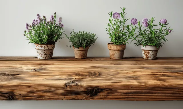 Four potted plants with purple blossoms lined on rustic wooden shelf indoors