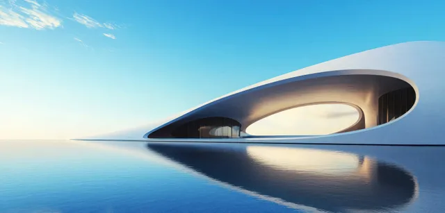 A sleek curved minimalist building stretches above calm reflective water under a bright blue sky.