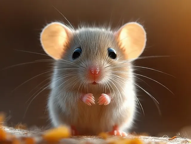 A fluffy small mouse with large ears and bright eyes looks curiously toward the camera in warm soft light.