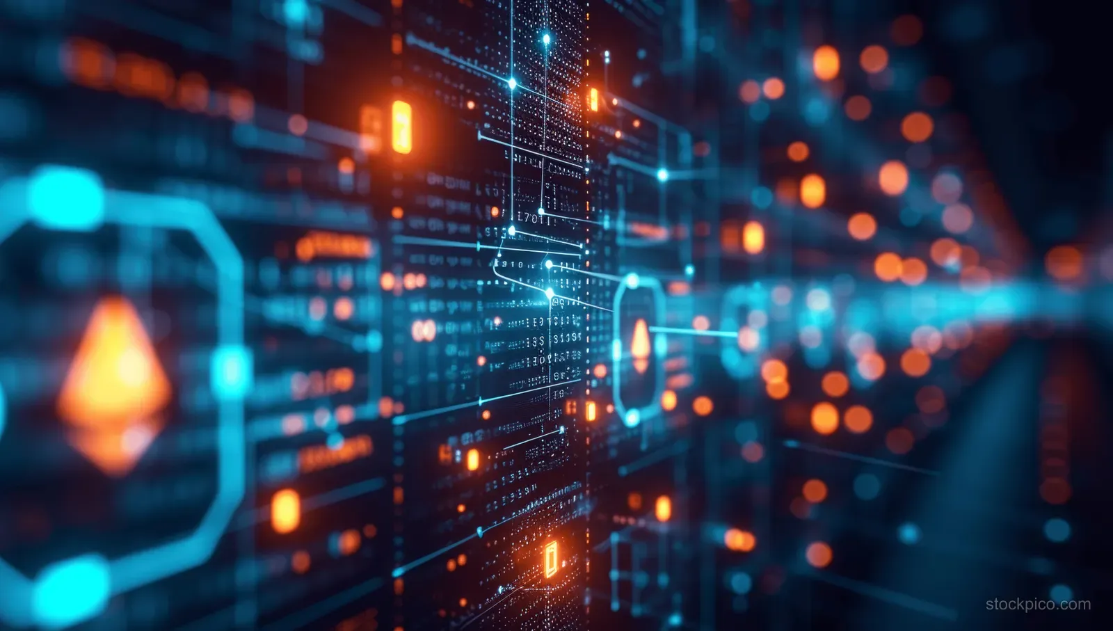 Glowing data nodes and network lines form a document grid in a blurred futuristic server room.