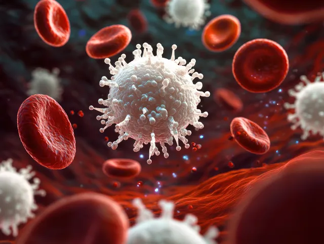 White blood cell releases cytokine particles among red blood cells during immune response