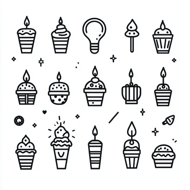 Black line art icons of cupcakes with candles and frosting toppings arranged on a white background.